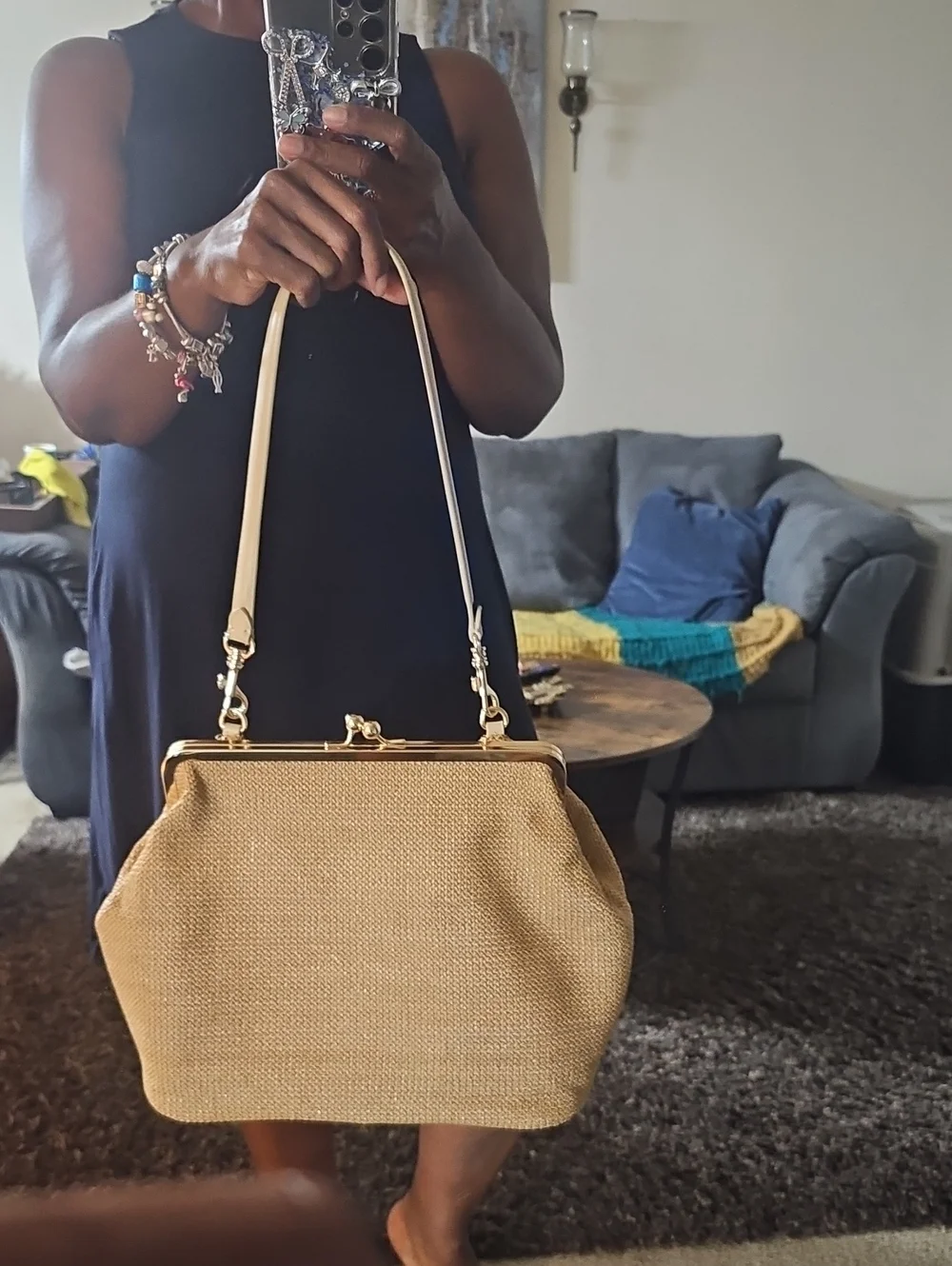 Woven Straw Frame-Top Handbag in Natural Tan